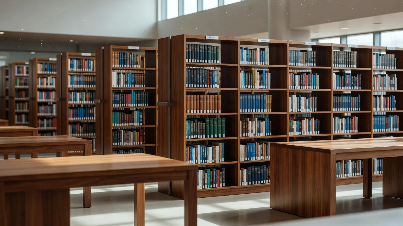 En person sitter med laptop i ett ljust bibliotek och bläddrar bland e-böcker på skärmen
