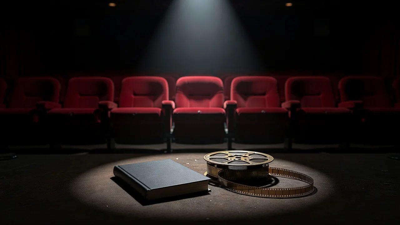 En ung läsare sitter med en tjock bok i knät medan en filmscen med sandmaskar och rymdskepp spelas upp bakom henne