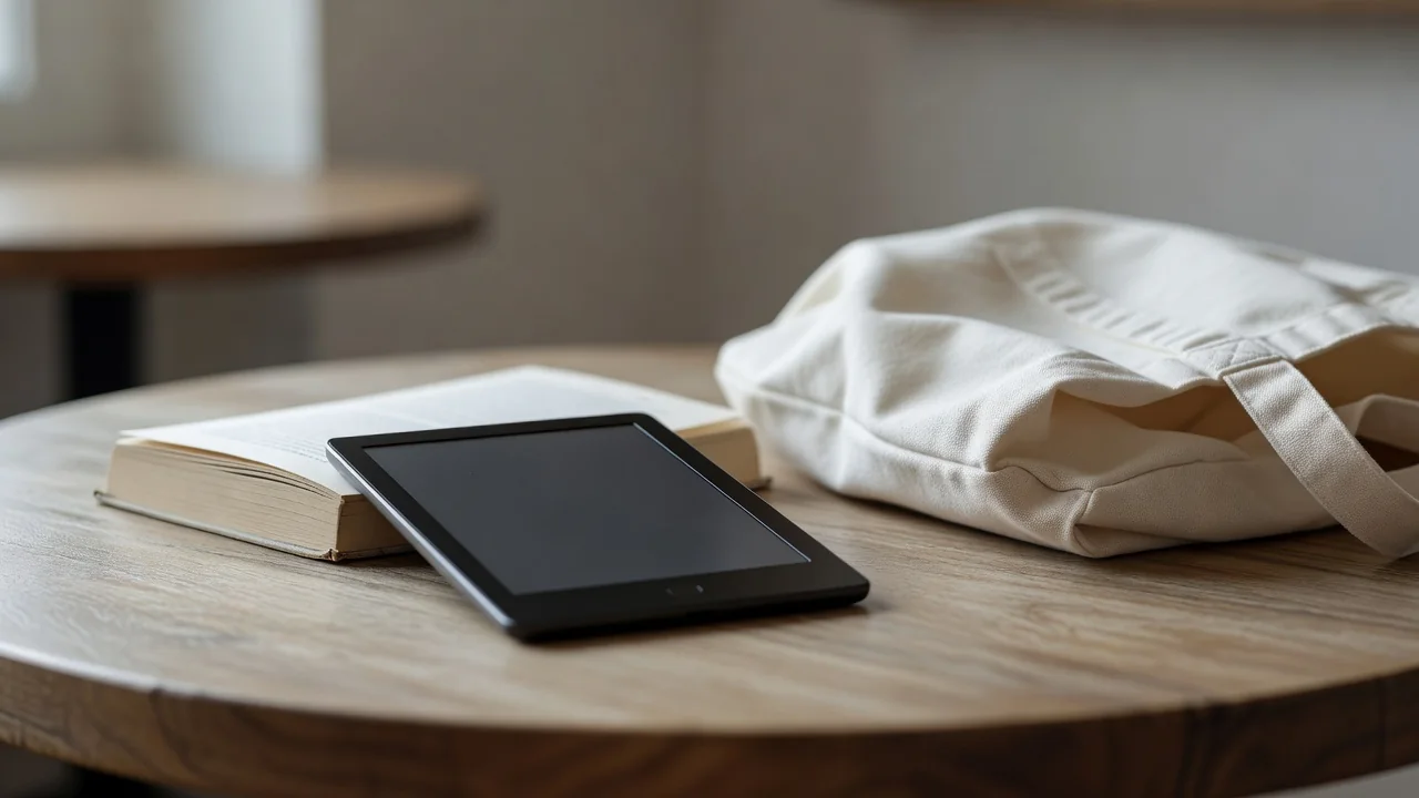 Person som väljer mellan e-bok på läsplatta och ljudbok i mobilen under en tågresa