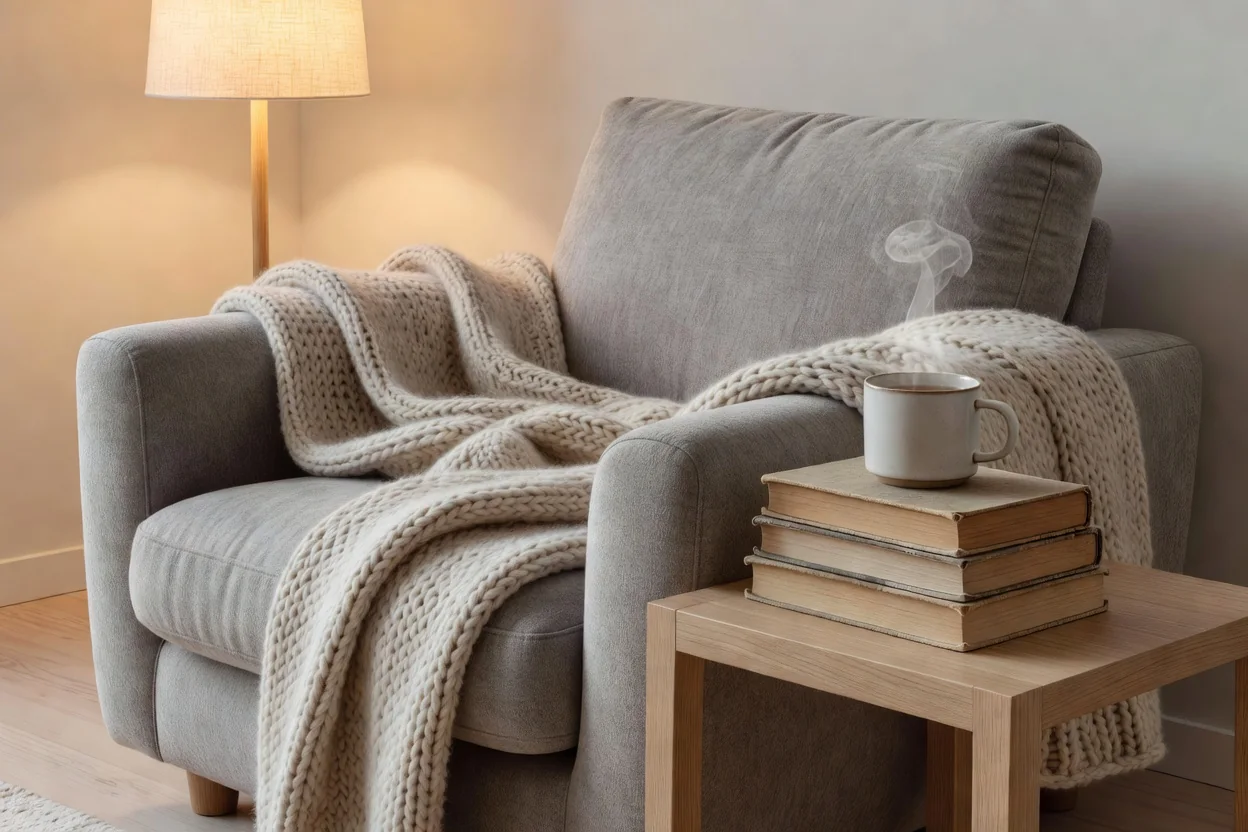 En kvinna i 40-årsåldern sitter i en soffa med en kopp te och skrattar högt medan hon läser en pocketbok i kvällssolen