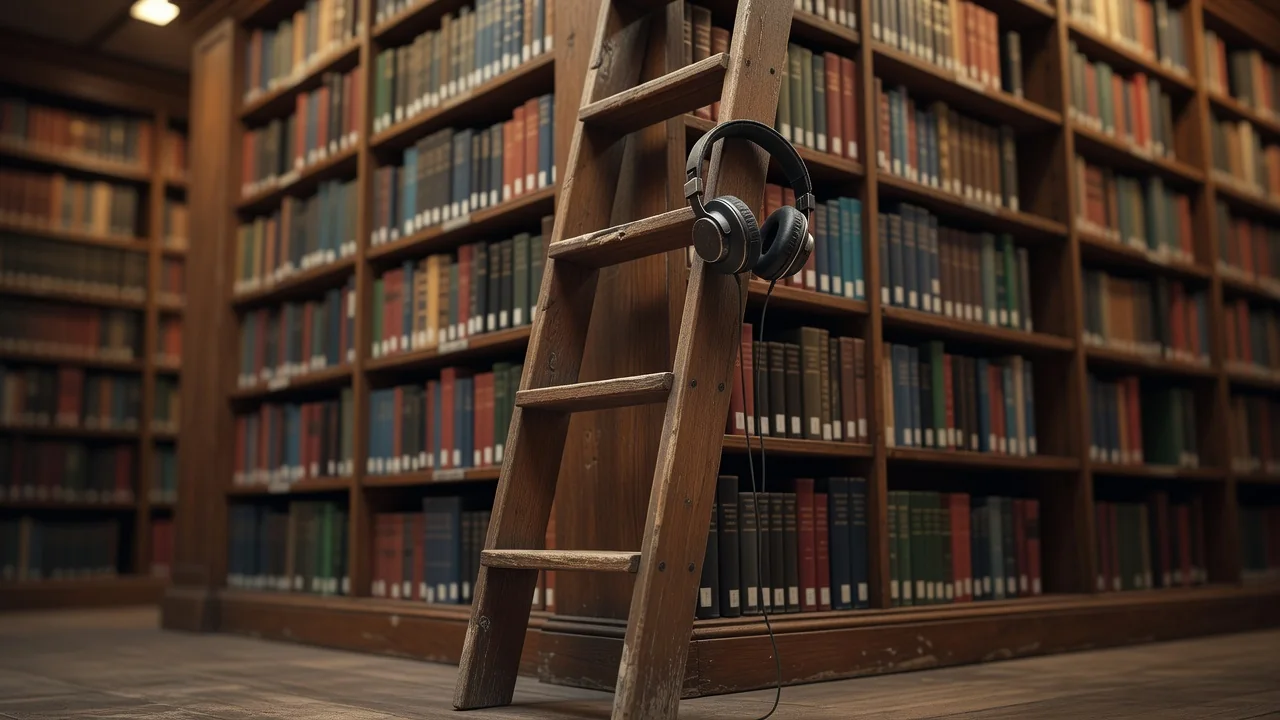 Person som lyssnar på ljudbok i hörlurar vid ett svenskt bibliotek med hyllor av böcker i bakgrunden