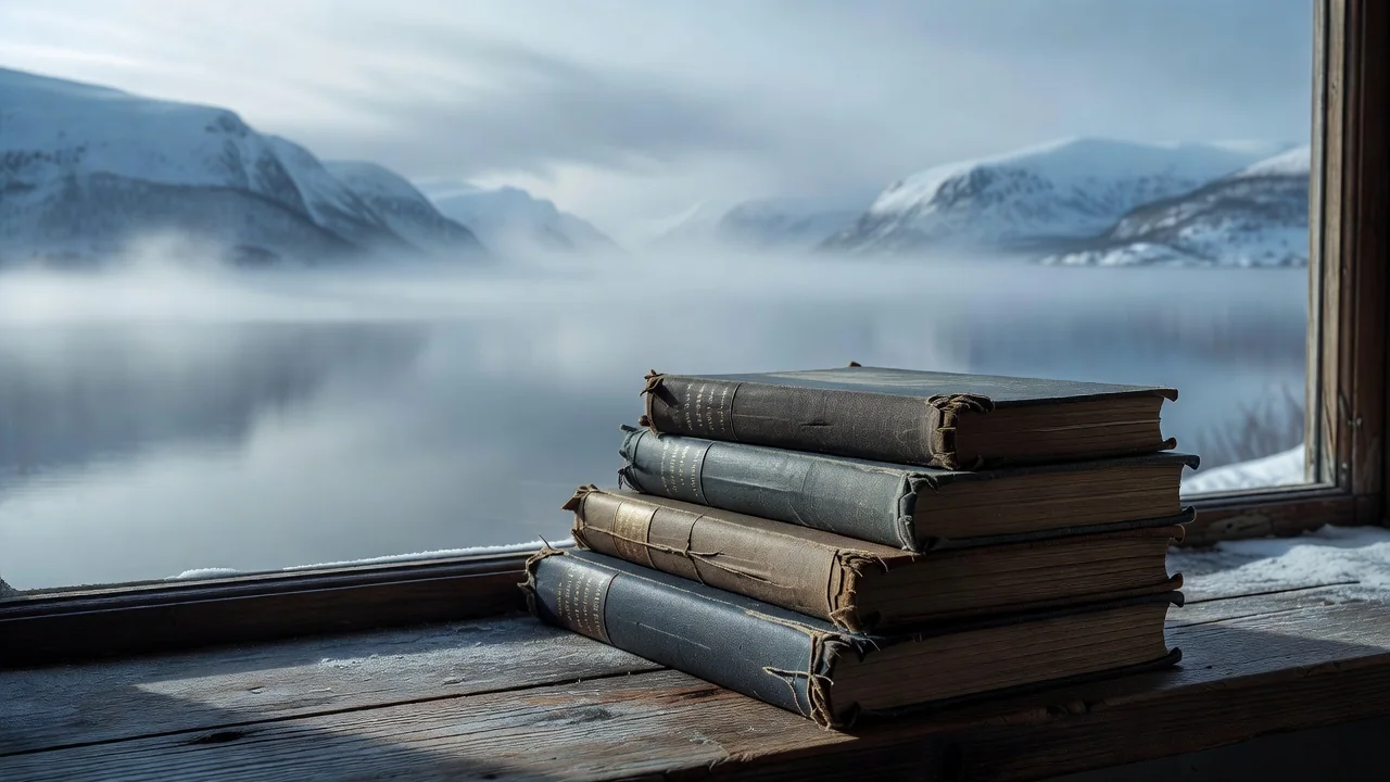Mörka fjäll och karga klippor omger en ensam stuga vid ett nordiskt hav, med en gammal bok öppen på ett träbord