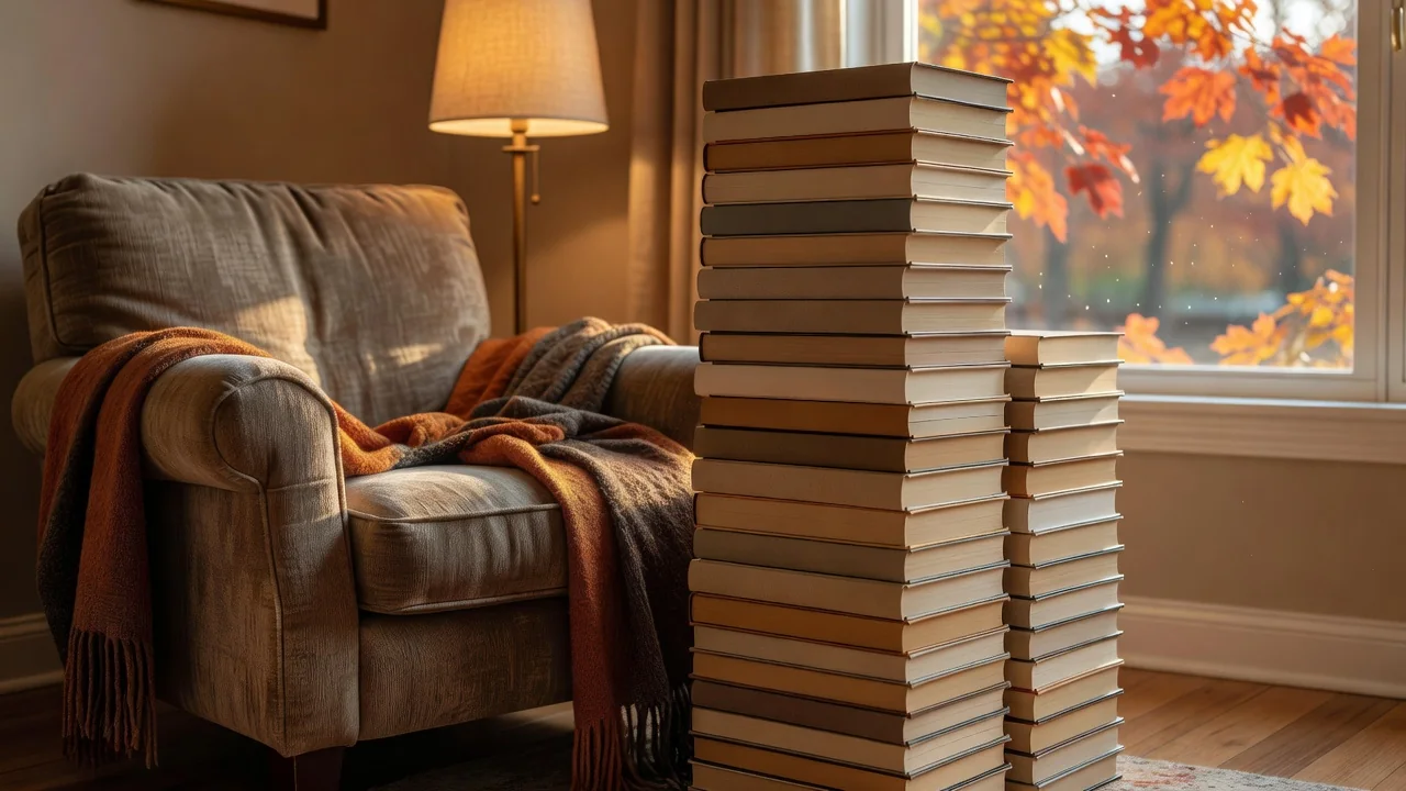 En kvinna letar bland böcker i ett bibliotek och ler när hon hittar rätt bok