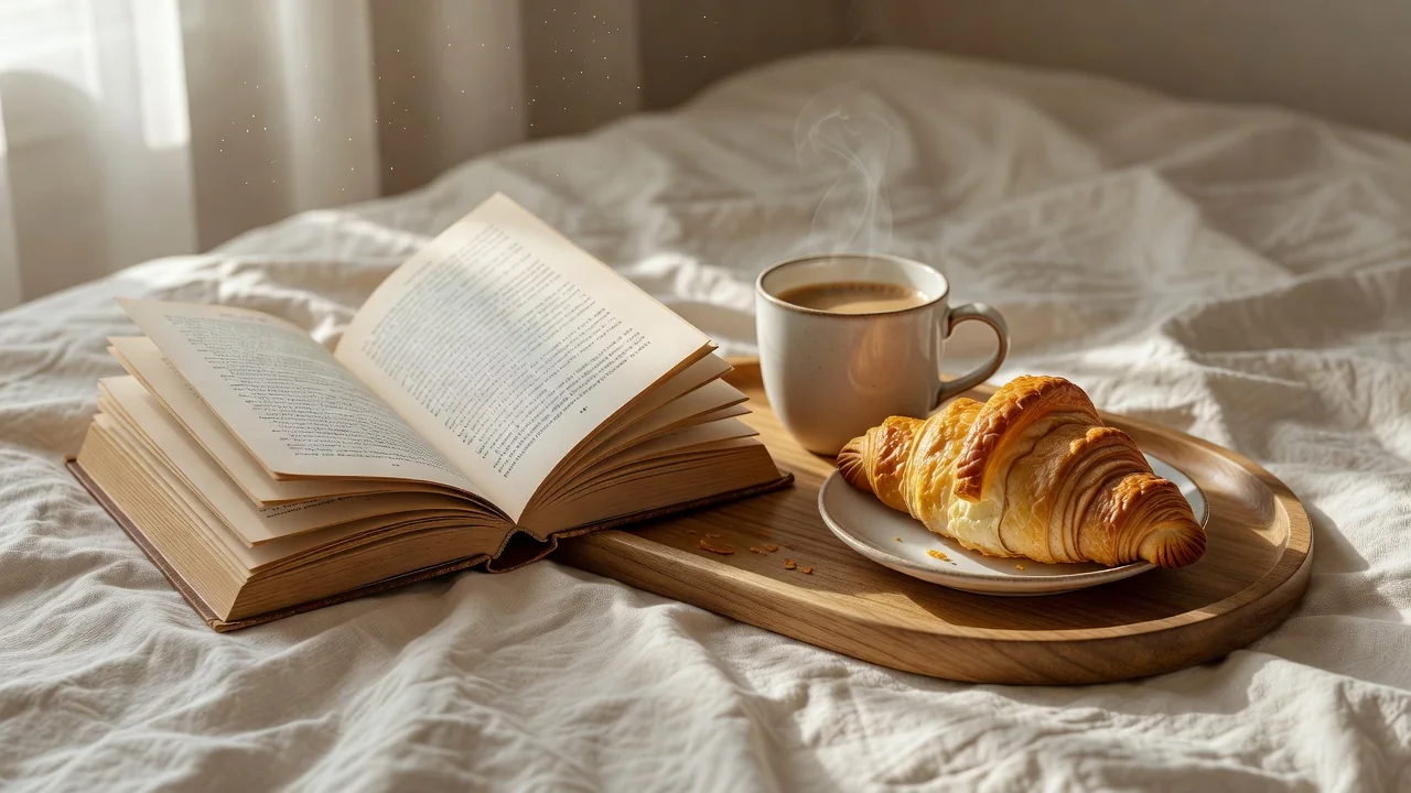 En person som läser en tunn pocketbok i ett soligt fönster med en kopp kaffe